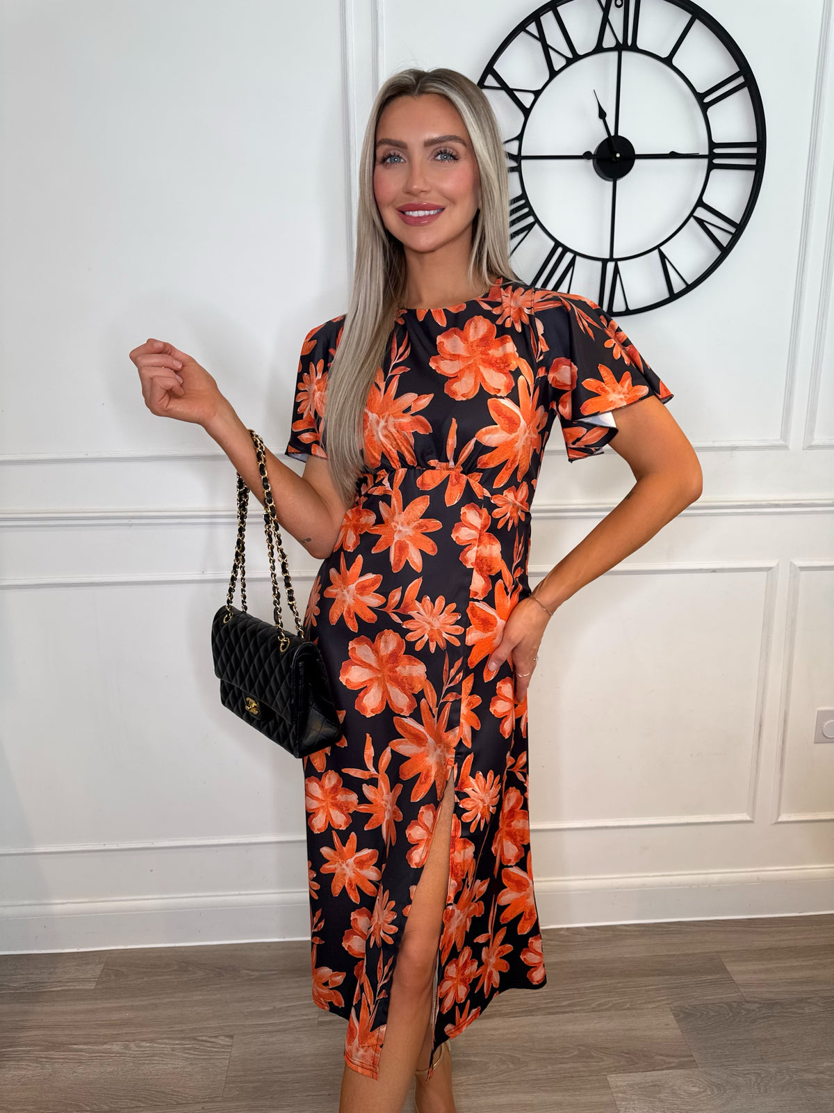 Kinsley Black Marigold Floral Slit Dress