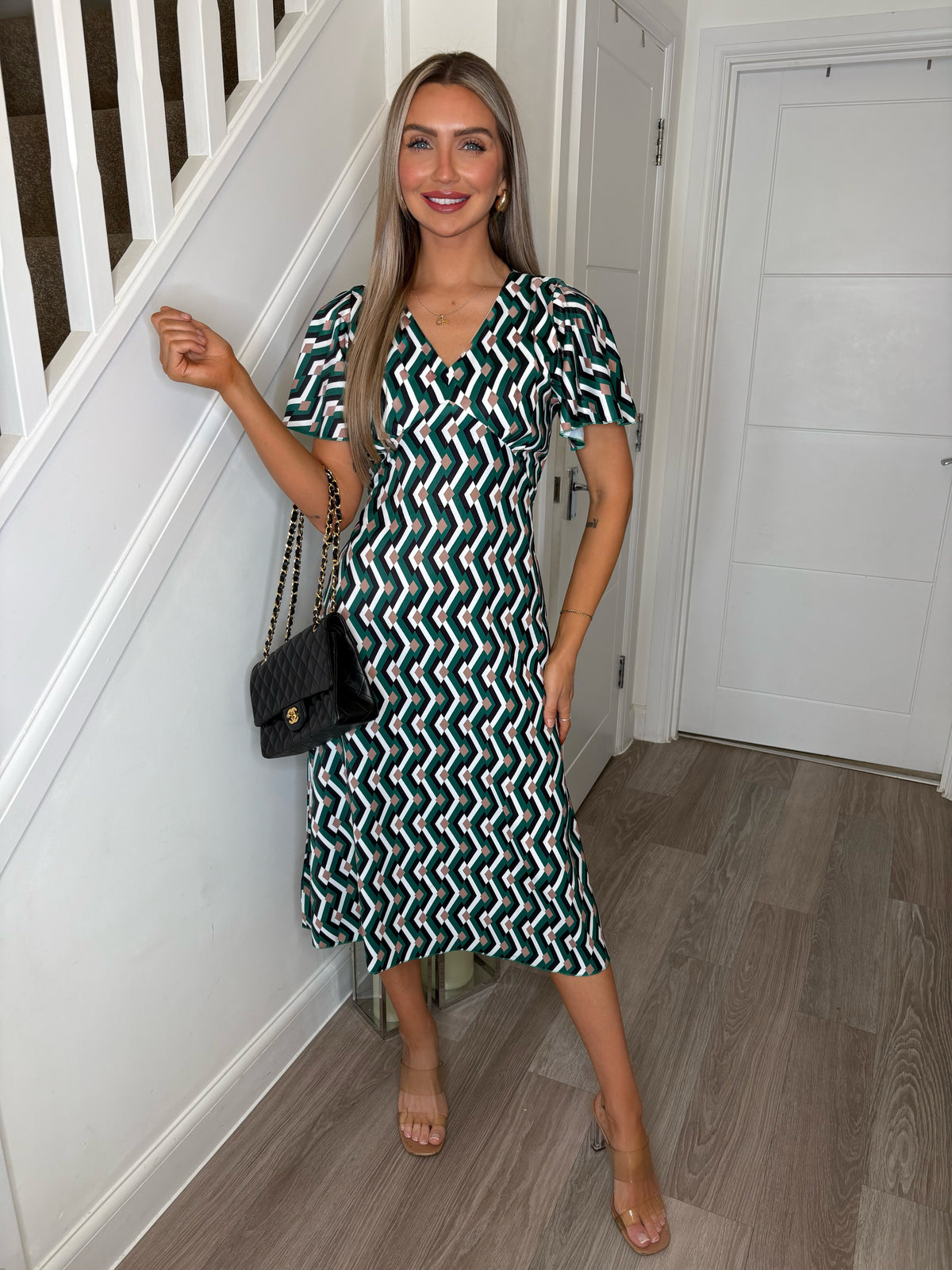 Rhea Forest Geo V Neck Shift Dress