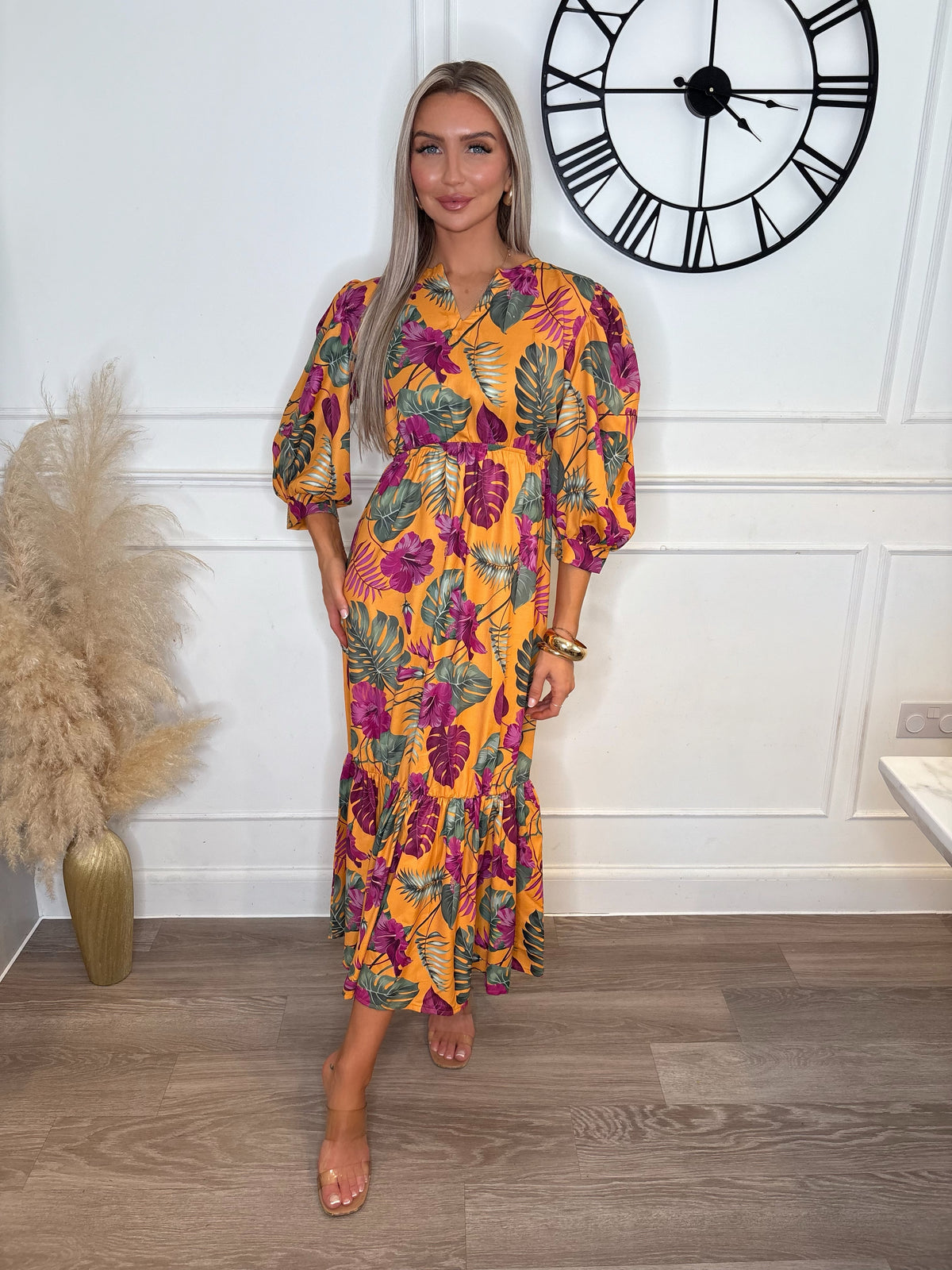 Sarah Amazon Tropical Collarless Maxi Dress