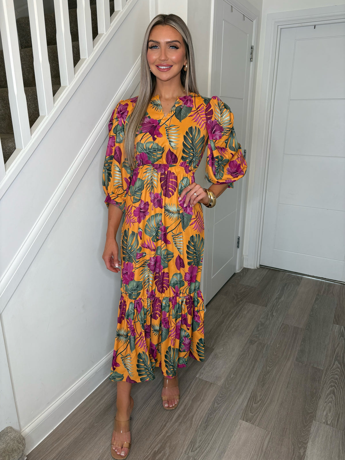 Sarah Amazon Tropical Collarless Maxi Dress