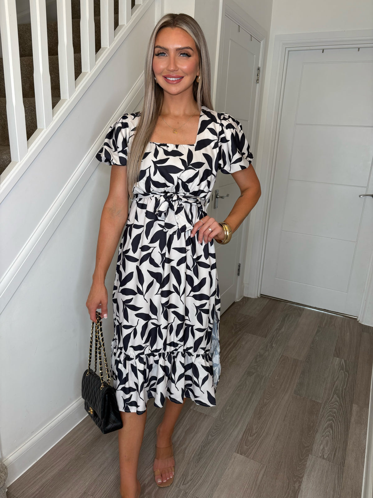Scarlet Square Neck Mono Stem Belted Frill Hem Dress