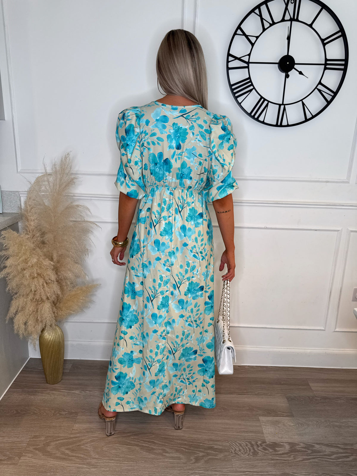 Brooklyn Stone & Blue Floral Ruched Sleeve Maxi Dress
