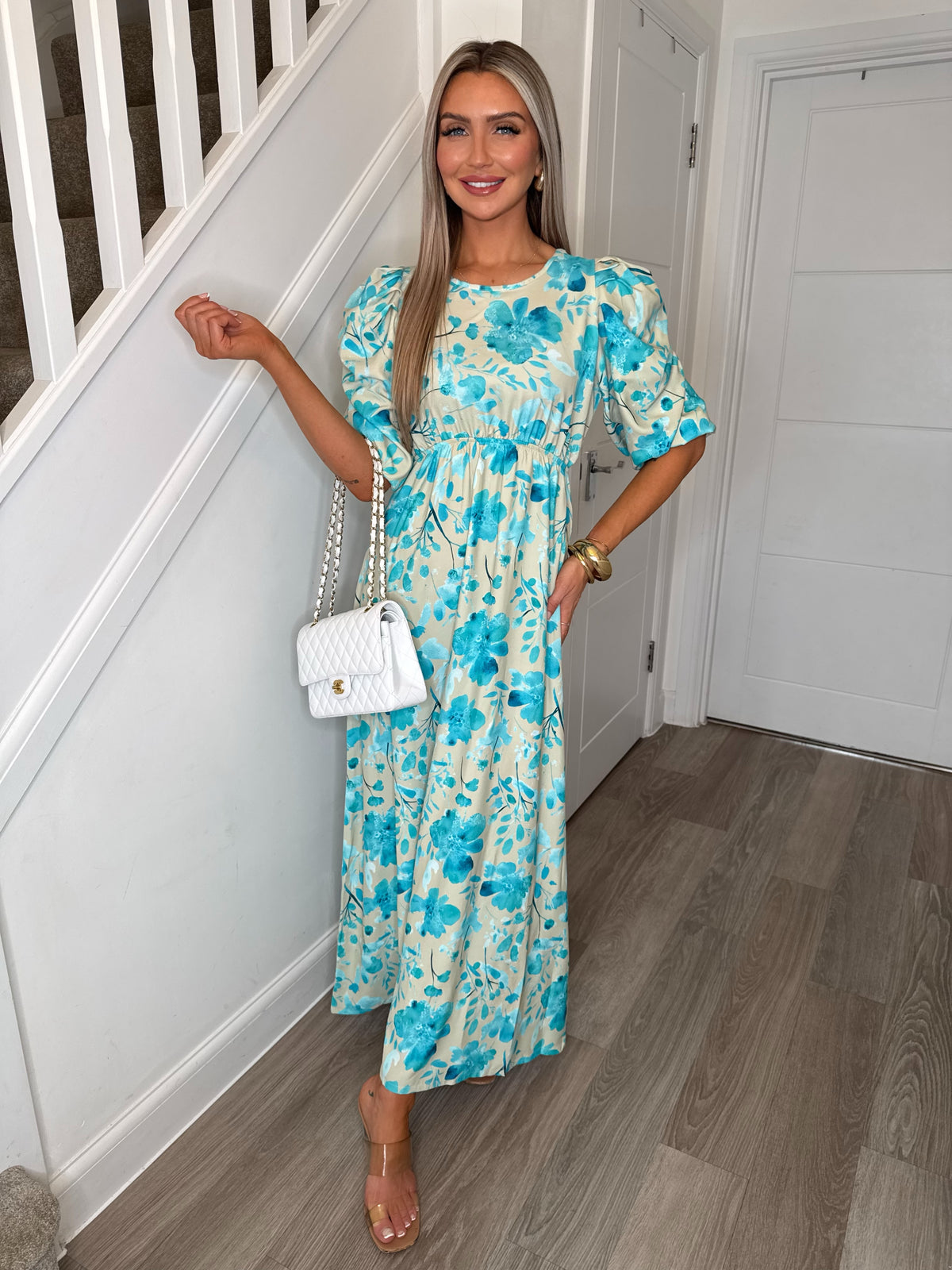 Brooklyn Stone & Blue Floral Ruched Sleeve Maxi Dress