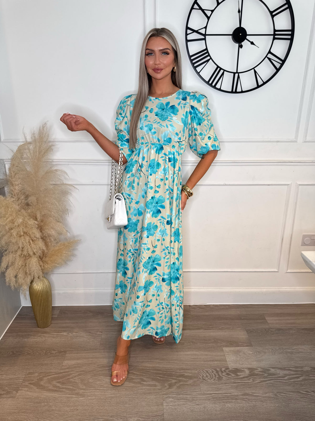 Brooklyn Stone & Blue Floral Ruched Sleeve Maxi Dress