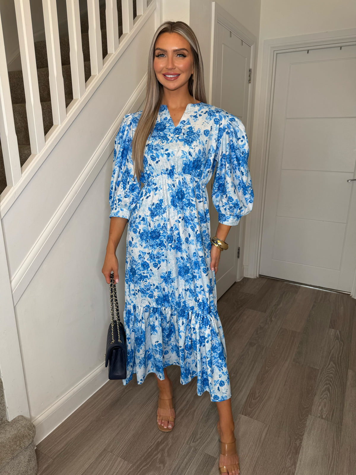 Blue Shadow Sarah Floral Collarless Maxi Dress