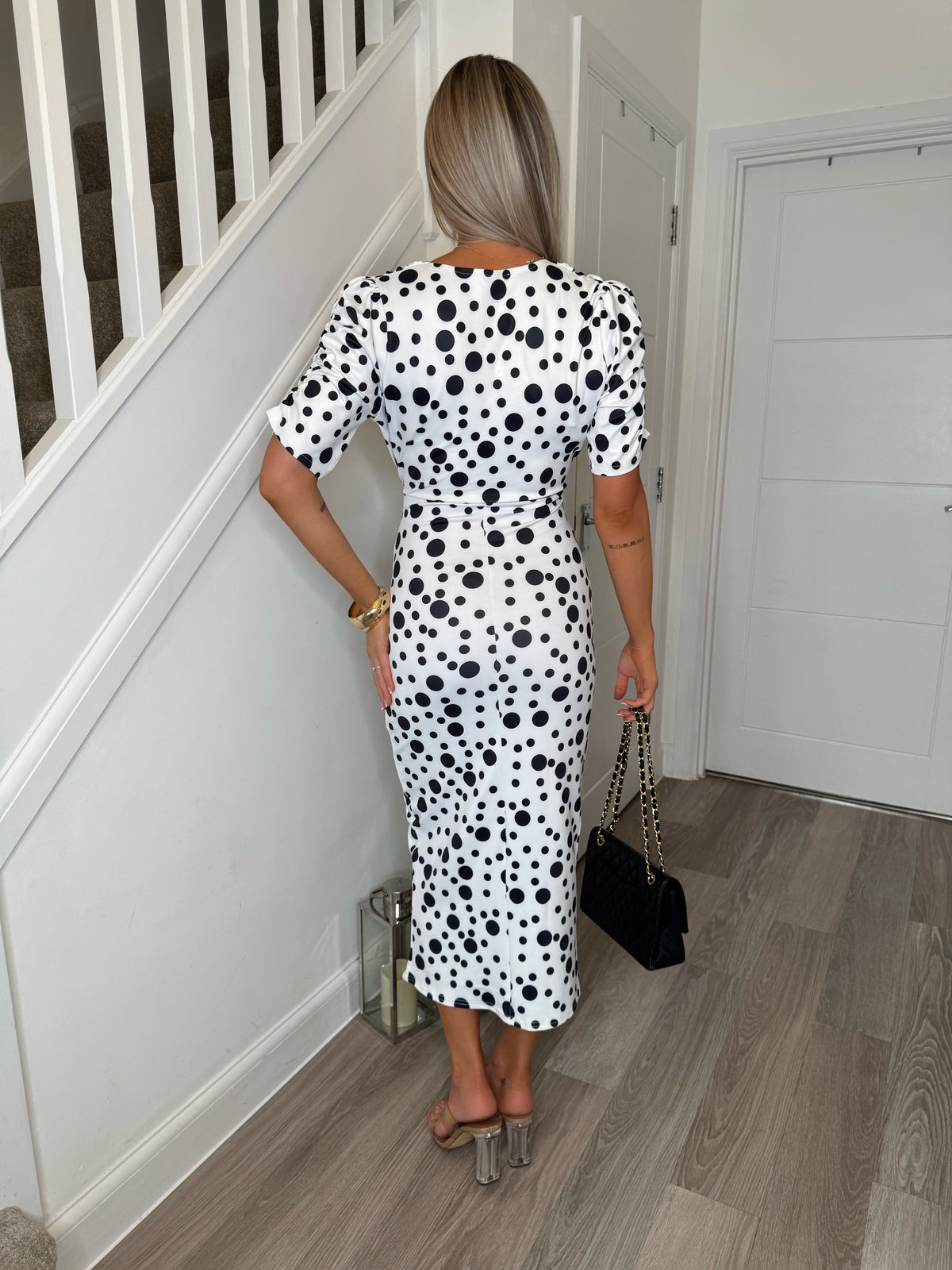 Rosaline White Polka Dot Ruched Bodycon Dress