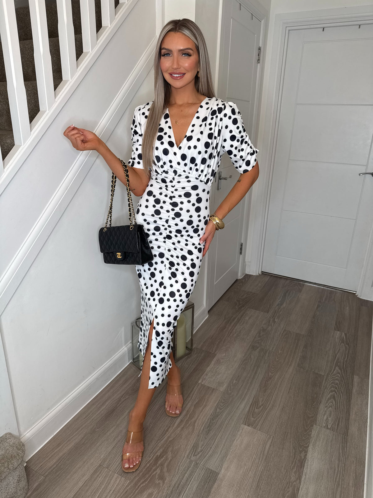 Rosaline White Polka Dot Ruched Bodycon Dress